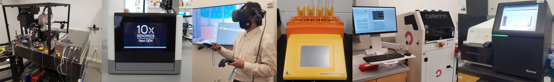 From left to right, pictures of microscope and cell spotter used for DLP+, 10X chromium system, a researcher using VR, tissue dissociator, DLP+, and MiSeq DNA sequencer.