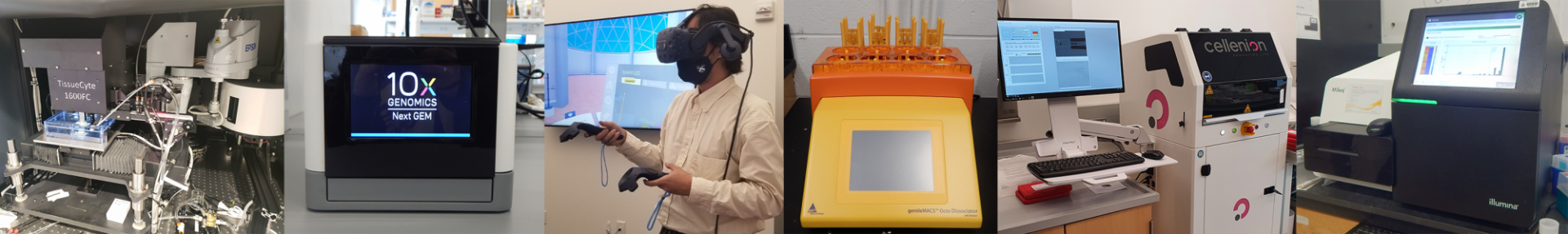 From left to right, pictures of serial two-photon tomography system, 10X chromium system, a researcher using VR, tissue dissociator, DLP+, and MiSeq DNA sequencer.
