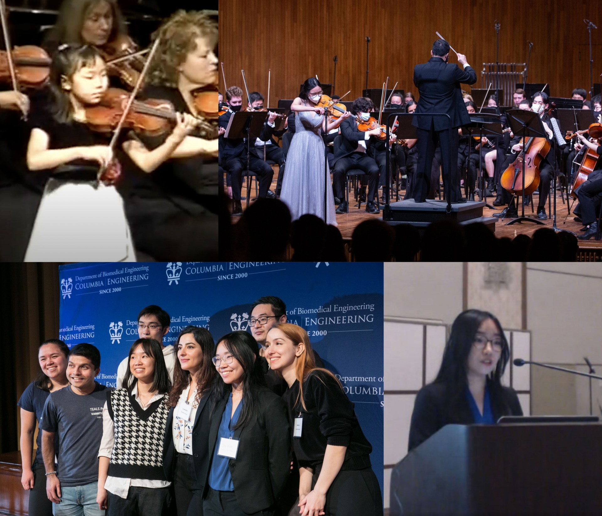 Clockwise from left: first ever solo experience, Vivaldi violin concerto in December 2007; soloing Sarasate's Carmen Fantasy with the MIT Symphony Orchestra in March 2022; talk at the International Society for Computational Biology in November 2022; the Azizi lab family.