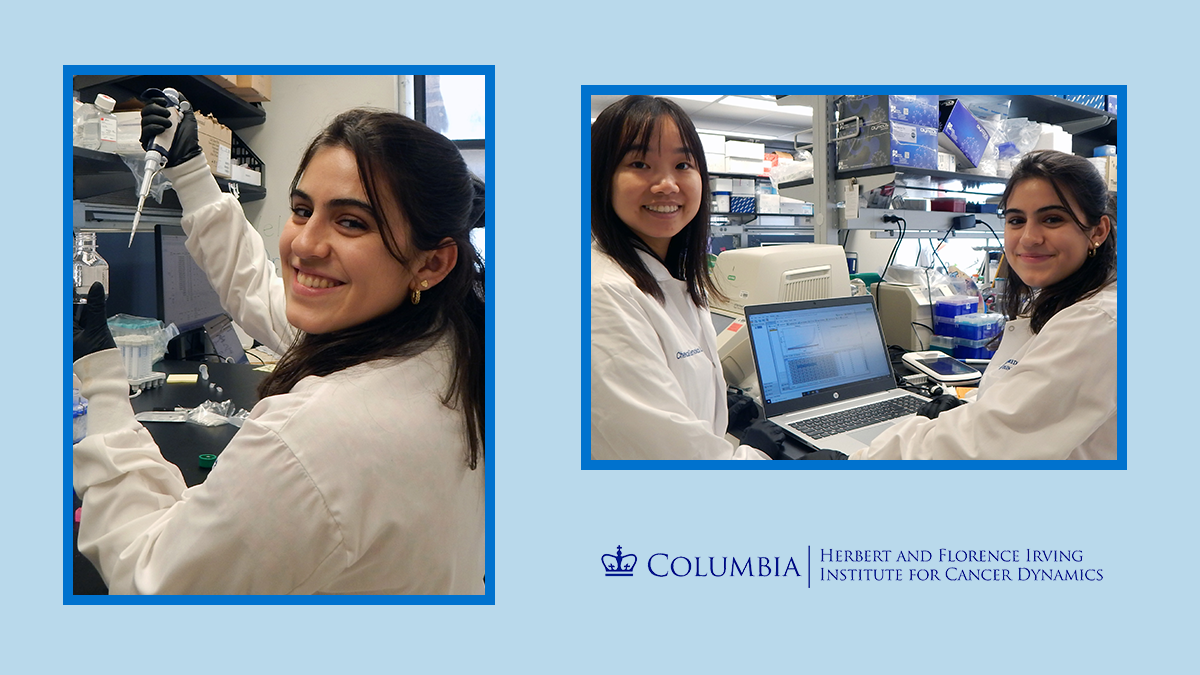 On the left, Hannah Khanshali is standing at a lab bench and she is holding a small bottle and a pipette. On the right, Hannah is pictured with her mentor, Dr. Lingting Shi, in front of a laptop displaying graphs.