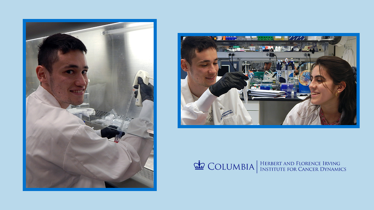 On the left, Henry Kotkin holding a pipette and doing an experiment under a laboratory fume hood. On the right, Henry Kotkin and Hannah Khanshali are in the lab.