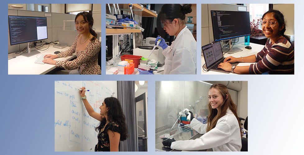 5 individual pictures of women working in the lab