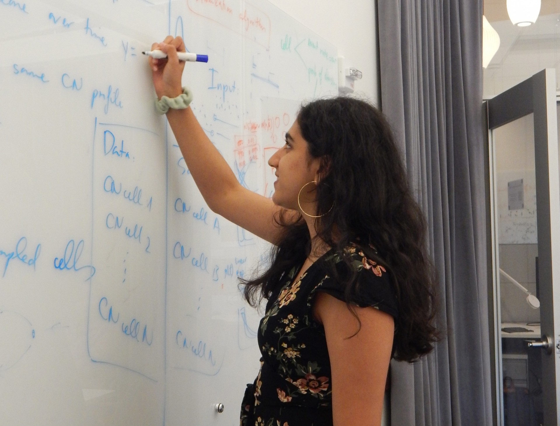 Woman writing on a white board