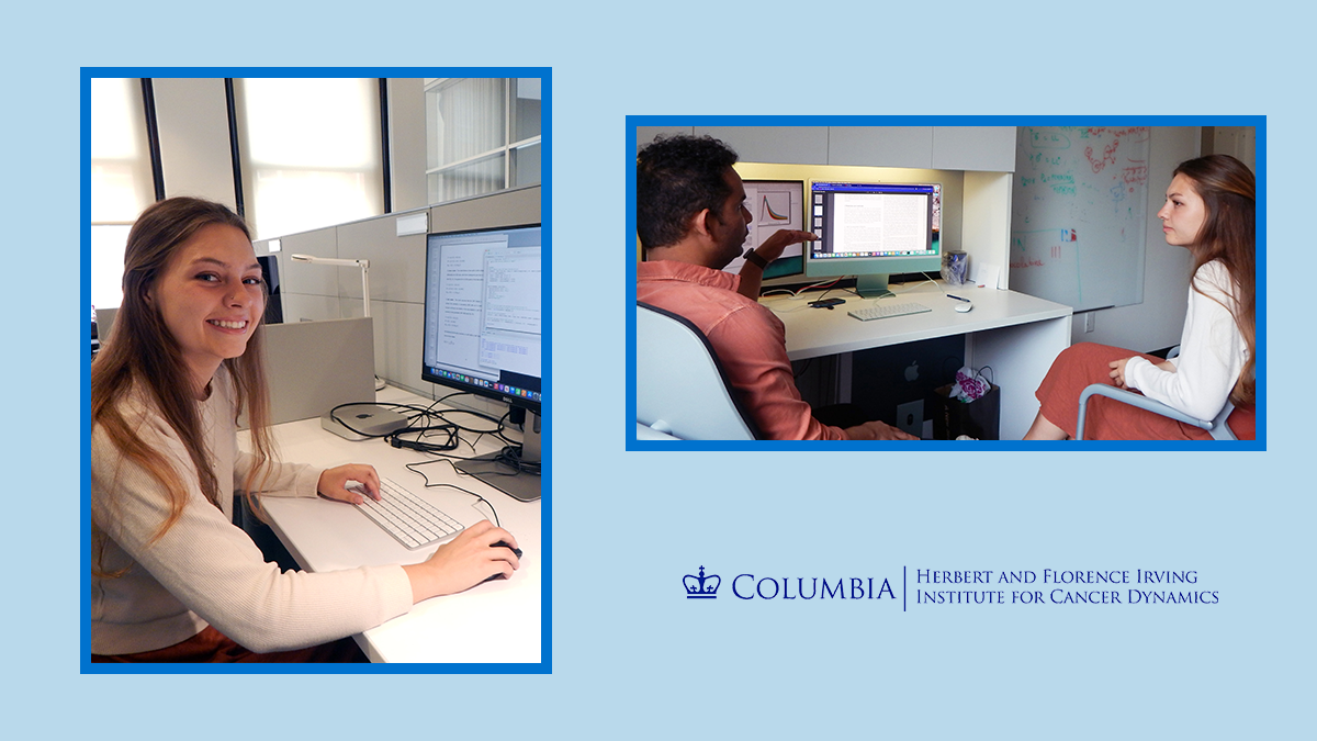 On the left, Julia Rehring is sitting at a desk working on a computer displaying graphs and codes. On the right, Julia is sitting with her mentor, Dr. Sanket Rane, discussing figures on a monitor. 