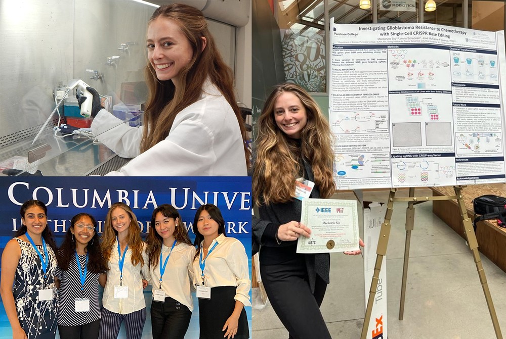 A montage displaying three pictures. Clockwise description. In picture 1, Mackenzie Sky wearing a lab coat is sitting at a lab hood pipetting. In picture 2, Mackenzie is standing next to her poster at the 2022 MIT IEEE Undergraduate Research Technology Conference. In picture 3, group picture of the 5 interns participating in the 2022 IICD SRP standing in front of a wall with the Columbia University logo. 