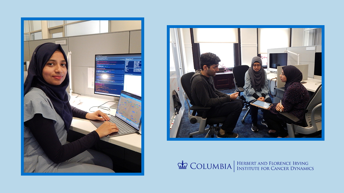 On the left, Nafisa Raisa is sitting at a desk working on a laptop and a monitor displaying graphs and codes. On the right, she is discussing with her mentors, Drs. Poly Hannah da Silva and Arash Jamshidpey.