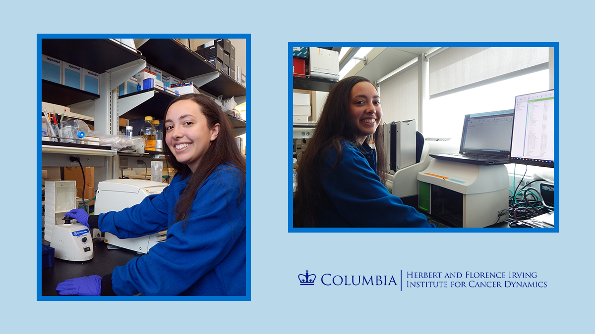 On the left, Noreen Hosny vortexing a microcentrifuge tube in the lab. On the right, Noreen Hosny is working on a laptop at an instrument in the lab. 