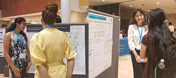 Two pictures of woman, each standing in front of a scientific poster and each discussing with someone