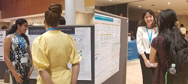 Columbia University Pathways Programs Poster Symposium. From left to right: Isha Arora (Mentor: Elham Azizi), Allison Pascual (Mentor: Sanket Rane) Two pictures of woman, each standing in front of a scientific poster and each discussing with someone