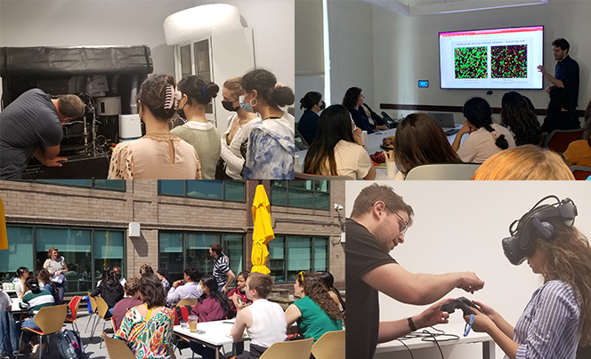 The students attended weekly events during the program. Clockwise: Tour of the Columbia ZMBBI Microscopy Facility with IICD associate faculty Darcy Peterka, seminar by IICD associate faculty Jellert Gaublomme, science trivia with NYGC interns, virtual reality demonstration with IICD researcher Ignacio Vasquez-Garcia. Clockwise: a man is showing the details of a scientific equipment to a group of 5 students; a group of people is sitting in a conference room and listening to a presentation by a man standing in front of a screen; group of people sitting outside and discussing; a woman is wearing VR goggles and a man is teaching her how to use it.